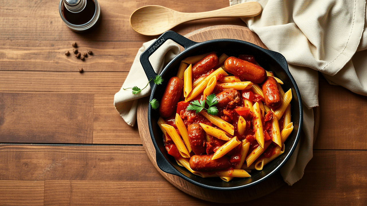 One-Skillet Spicy Honey BBQ Sausage & Pasta
